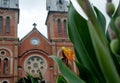 Notre Dame cathedral in Ho Chi Minh City, Vietnam, flower in the foreground