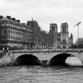 Notre dame de Paris in Black and white, view of Notre dame de Paris and the river seine, landmark of Paris, France