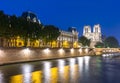 Notre-Dame de Paris Cathedral and Cite island embankment at night, France Royalty Free Stock Photo