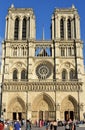 Notre-Dame de Paris Cathedral facade with tourists at sunset. Paris, France.