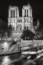 Notre Dame de Paris cathedral at night Black and White. Ile de La Cite. Paris, France Royalty Free Stock Photo