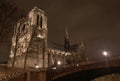 Notre Dame de Paris cathedral at night with bridge