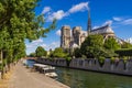 Notre Dame de Paris cathedral, Seine River and Quai de Montebello. Ile de La Cite, Paris, France Royalty Free Stock Photo