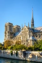 Notre-Dame de Paris cathedral by a sunny evening at the beginning of fall Royalty Free Stock Photo