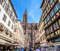 Notre-Dame de Strasbourg cathedral and half-timbered townhouses in Strasbourg, France