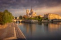 Notre Dame of Paris on Seine River reflection at sunrise, France Royalty Free Stock Photo
