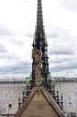 Notre Dame Spire, La Fleche, and lead clad wooden roofs before the fire. Angel statue, Apostles and Evangelists. Paris, France. Royalty Free Stock Photo
