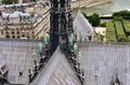 Notre Dame Spire, La Fleche, and lead clad wooden roofs before the fire. View of the Apostles and Evangelists. Paris, France.