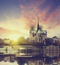 Notre Dame at sunset in Paris , France