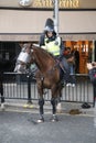 NOTTING HILL, LONDON - AUGUST 27, 2018: Mounted Riot Police Officer on horseback looks exhausted at the end of Notting Hill Carniv