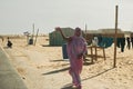 Nouadhibou, Mauritania, JANUARY 18, 2020: Portrait of a tribal African woman decorated with traditional colorful beads