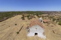 Noudar medieval castle courtyard; panorama, with Alentejo landscape background. and Located 5 kilometres from the Spanish border.