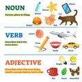 Nouns, verbs and adjectives school study guide, vector illustration