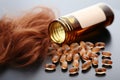 Nourishing blend Vitamin E oil capsules rest among luscious brown hair curls