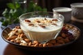 Nourishing oriental blend of milk and nuts in a decorative bowl, ramadan and eid wallpaper