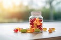 Daily nourishment in a jar: Gummy supplements and chewable vitamins presented in a glass jar, a colorful array for a