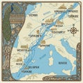 Nouveau-style map with decorative elements, including a peacock and Royalty Free Stock Photo