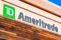 Nov 24, 2019 Cupertino / CA / USA - Close up of TD Ameritrade sign at a branch in Silicon Valley; TD Ameritrade is a broker that
