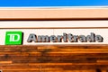 Nov 24, 2019 Cupertino / CA / USA - Close up of TD Ameritrade sign at a branch in Silicon Valley; TD Ameritrade is a broker that