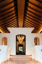 Luxury asian Thai resort entrance with high wooden ceiling, warm