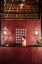 Luxury asian Thai resort reception with high wooden ceiling, war