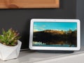 Nov 2019, UK - Google Nest Hub on fireplace showing picture