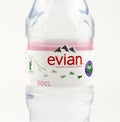 Bottle of the Evian natural mineral water on a white background. Made in the French Alps.