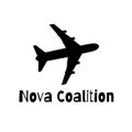 Nova coalition text in black with jet plane silhouette on white background Royalty Free Stock Photo