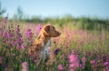 Nova Scotia Duck Tolling Retriever Dog in a field of flowers. Happy pet in the sun, po Royalty Free Stock Photo