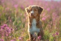 Nova Scotia Duck Tolling Retriever Dog in a field of flowers. Happy pet in the sun, po Royalty Free Stock Photo