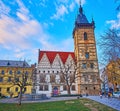 Nove Mesto Town Hall against the sunset sky, Prague, Czechia