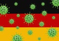 Novel coronavirus Covid-19 in Germany background.Pack of coronavirus green virus sumbol on the german flag