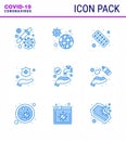 CORONAVIRUS 9 Blue Icon set on the theme of Corona epidemic contains icons such as hands, tablet, pandemic, medicine, form