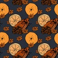 Novel seamless endless pattern with oranges, cinnamon sticks, stars anise and orange slices on darl background. Perfect for Royalty Free Stock Photo