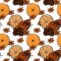 Novel seamless endless pattern with oranges, cinnamon sticks, stars anise and orange slices on white background. Perfect for Royalty Free Stock Photo