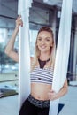 Jolly happy woman calming mind during yoga