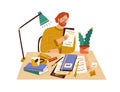 Novel writer at desk with books and papers. Creative author sitting at table and writing. Editor in glasses working with