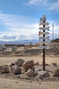 A novelty directional sign points to towns and areas of geographic interest throughout Nevada