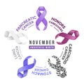 November, awareness month text in circle frame with set of cancer Pancreatic, Lung, stomach, carcinoid cancer and Honors Royalty Free Stock Photo
