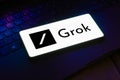 November 6, 2023, Brazil. The Grok logo is displayed on a smartphone screen. Grok is an artificial