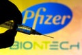 November 11, 2020, Brazil. In this photo illustration the medical syringe coronavirus vaccine is seen with Pfizer and BioNTech