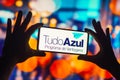 November 7, 2022, Brazil. In this photo illustration, the Tudo Azul logo is displayed on a smartphone screen Royalty Free Stock Photo