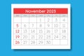 November 2023 calendar on blue background. Monthly planning for your business events. Vector