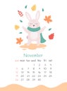 November 2023 calendar. Cute bunny in scarf with autumn leaves. Hello autumn. The year of the Rabbit, bunny symbol of 2023. Week