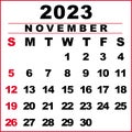 November 2023 Calendar illustration. The week starts on Sunday. Calendar design in black and white colors, Sunday in red colors