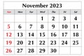 November 2023 calendar. Monthly planning for your business events. Vector