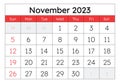 November 2023 calendar. Monthly planning for your business events. Vector