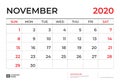 NOVEMBER 2020 Calendar template, Desk calendar layout  Size 9.5 x 6.5 inch, planner design, week starts on sunday, stationery Royalty Free Stock Photo