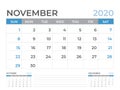November 2020 Calendar template, Desk calendar layout Size 8 x 6 inch, planner design, week starts on sunday, stationery design