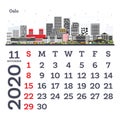 November 2020 Calendar Template with Oslo City Skyline Royalty Free Stock Photo